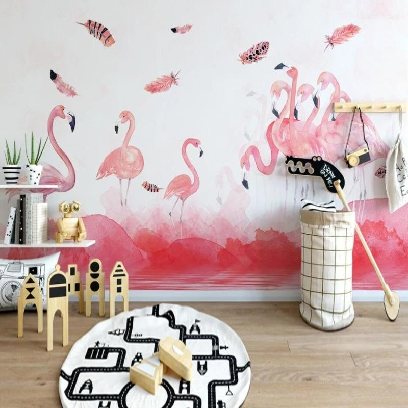 Flamingo Mural Wallpaper | Pink Watercolor with Floating Feathers