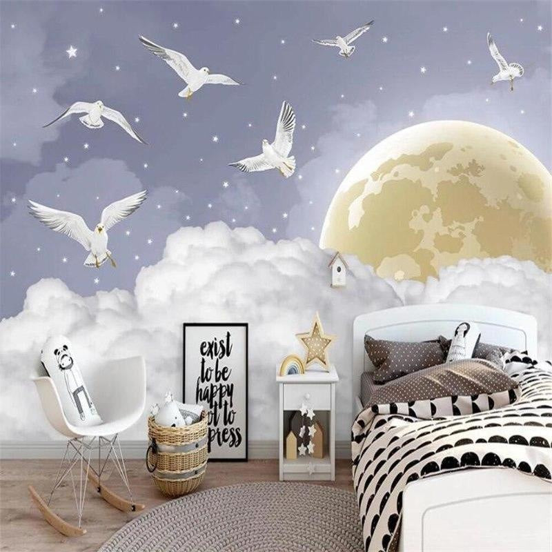 Sky Mural Wallpaper | Dreamy White Doves and Moon