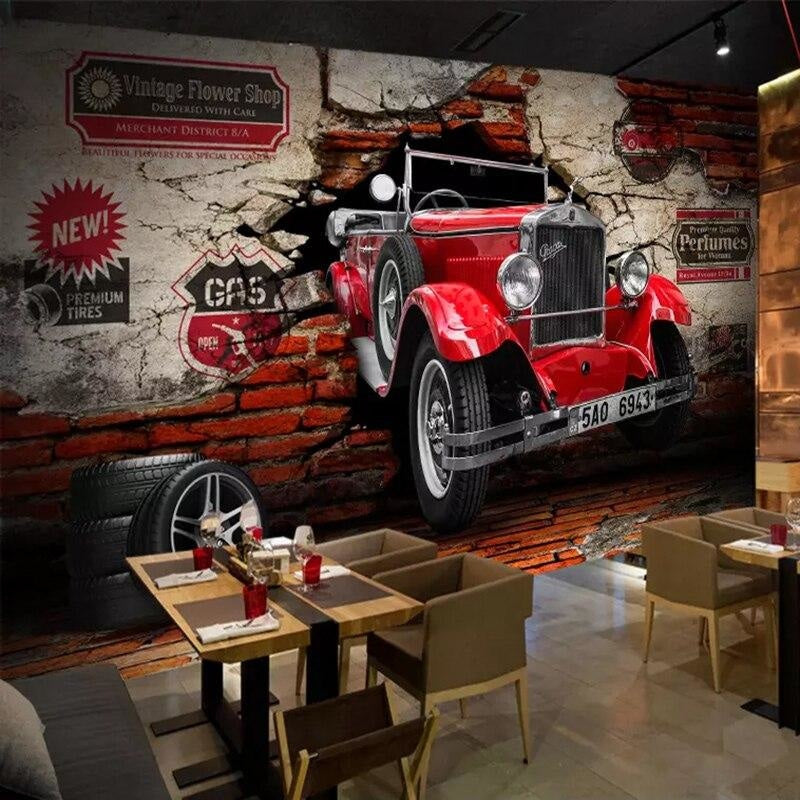 Vintage Car Mural Wallpaper | 3D Red Classic Auto Brick Design