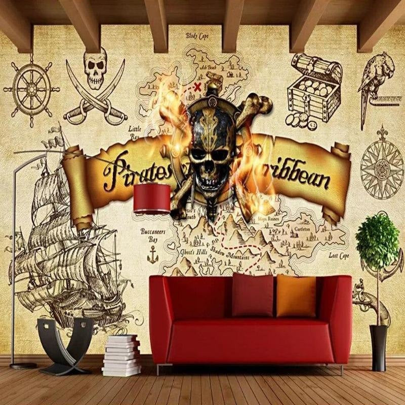 Pirate Mural Wallpaper | Caribbean Treasure Map Design