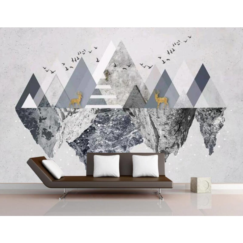 Mountain Mural Wallpaper | Geometric Nordic Design with Gold Deer