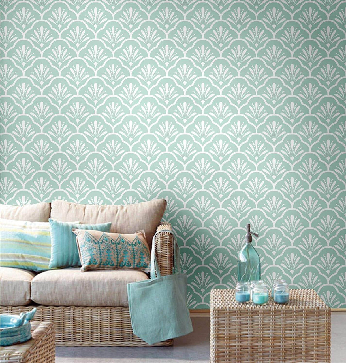 Art Deco Mural Wallpaper | Mint Green Fan Pattern