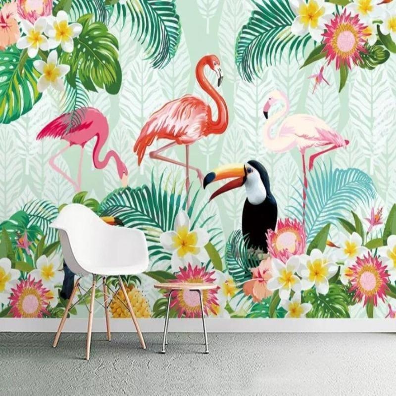 Tropical Mural Wallpaper | Flamingos and Toucans with Exotic Flowers