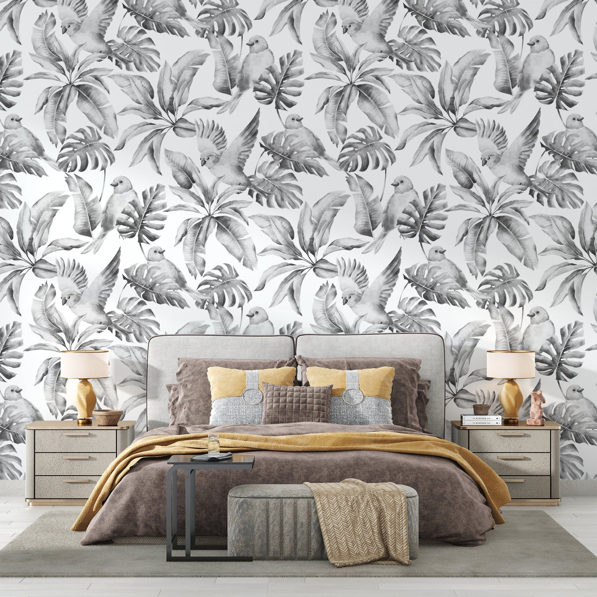 Tropical Mural Wallpaper | Monochrome Birds and Monstera
