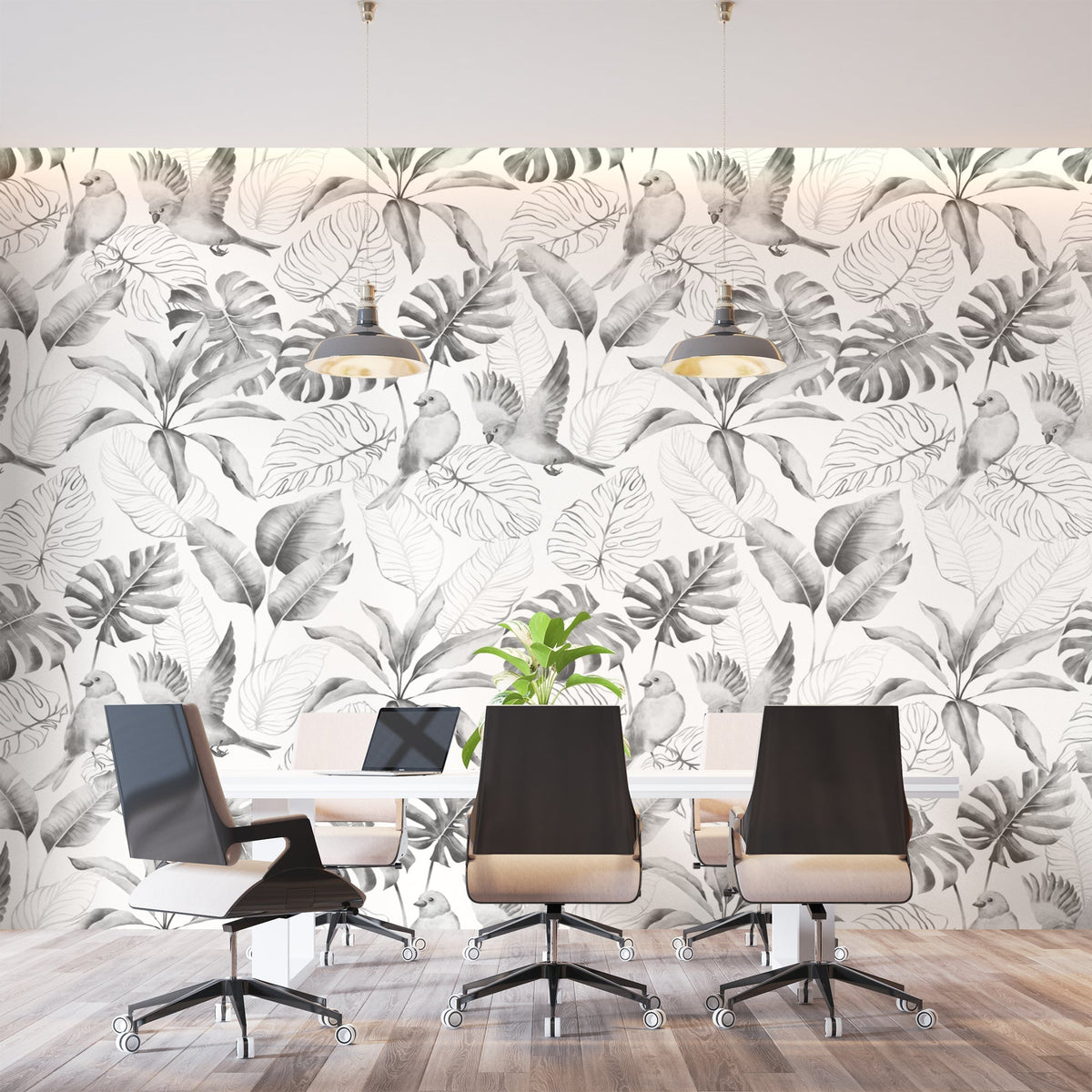 Tropical Mural Wallpaper | Monochrome Birds and Monstera Leaves