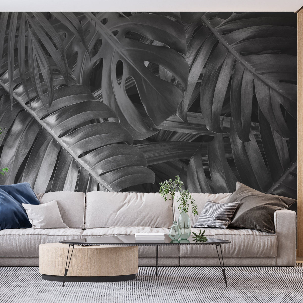 Monstera Mural Wallpaper | Black and White Tropical Leaves