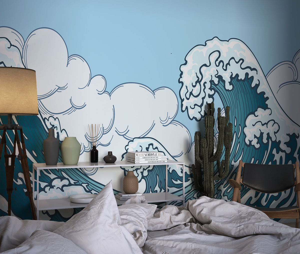 Japanese Wave Mural Wallpaper | Great Wave with Clouds and Cactus