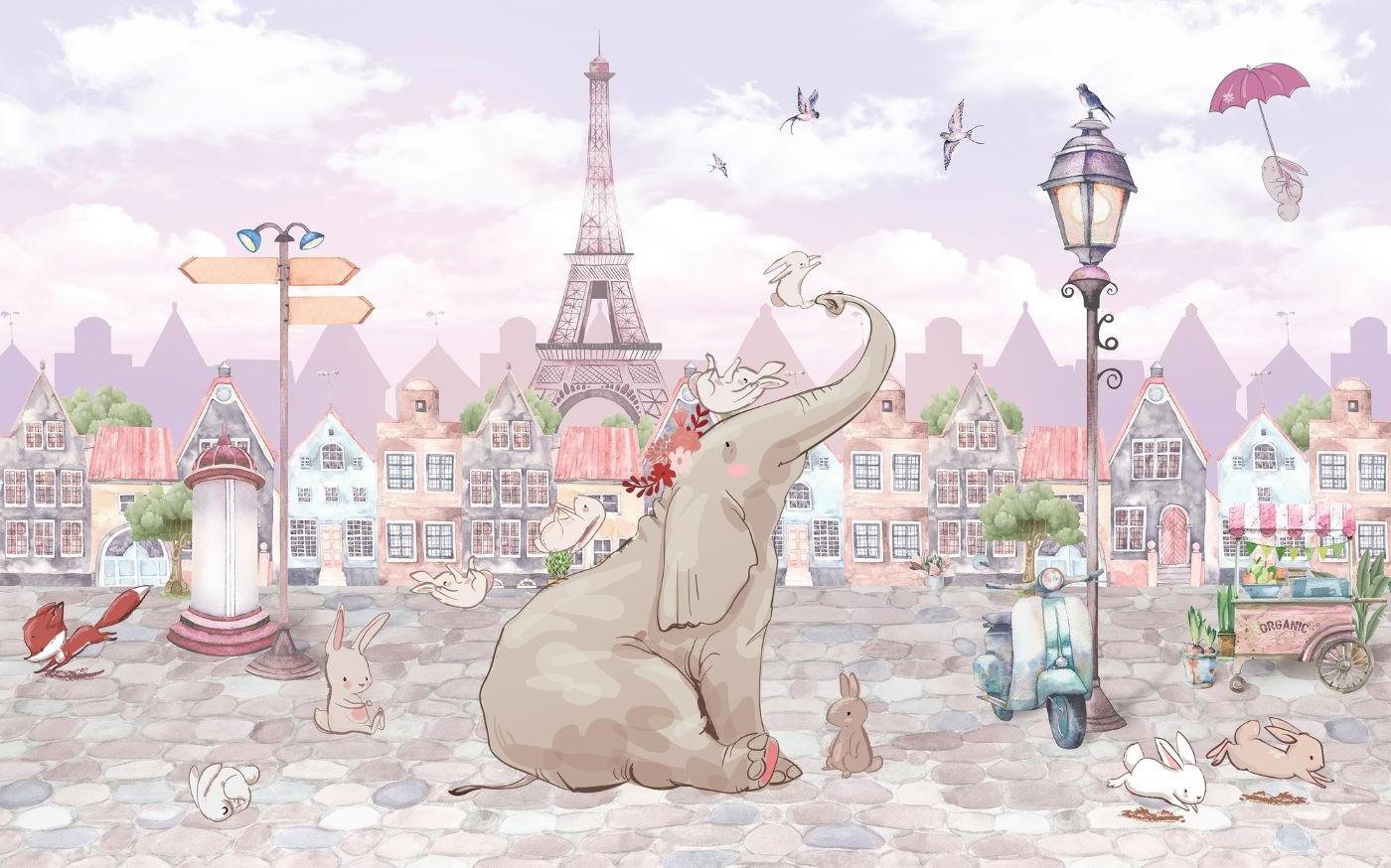 Design file of Paris themed wallpaper featuring elephant and bunnies with Eiffel Tower