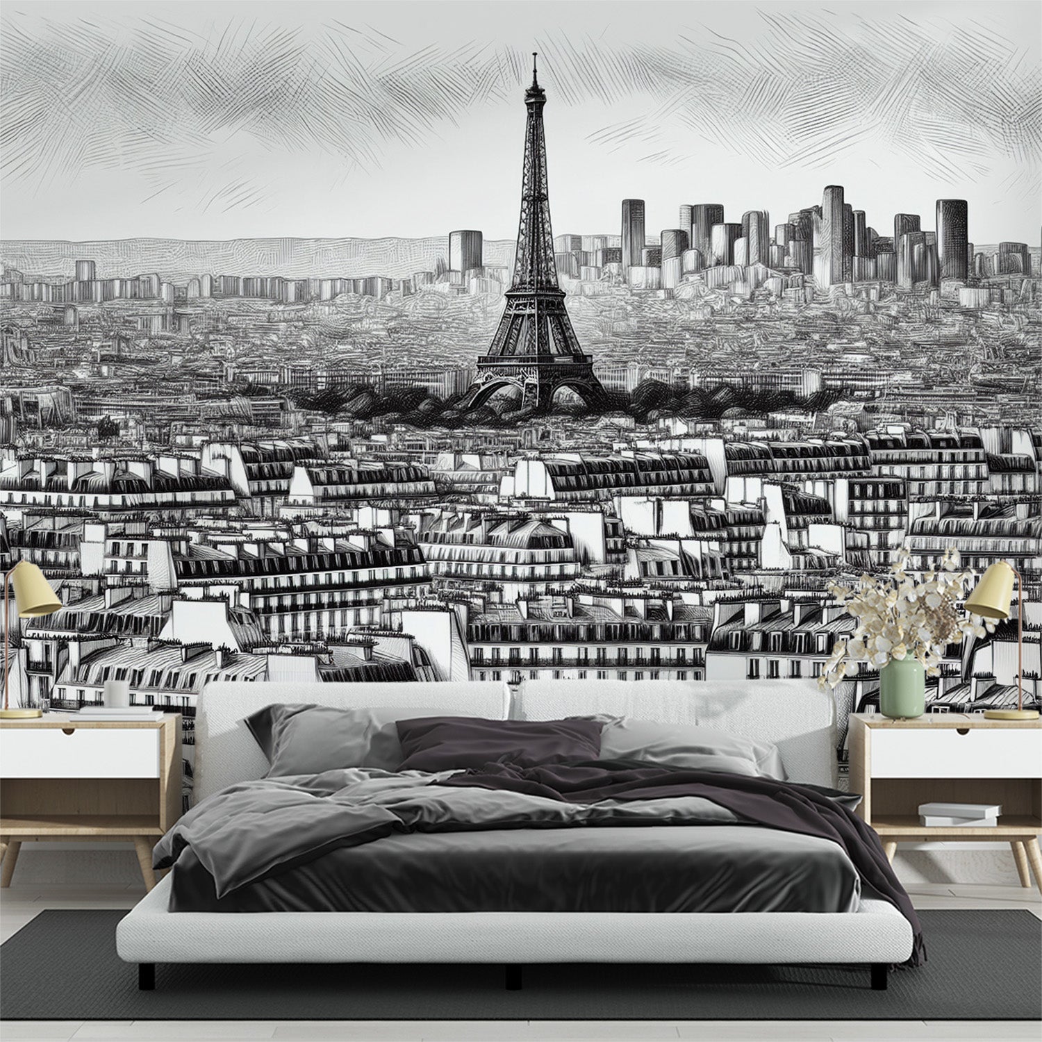 Paris cityscape mural wallpaper creating an elegant statement wall in a modern living room with minimal furniture