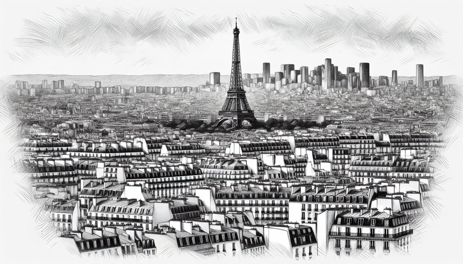 Black and white Paris wall mural design file showing detailed architectural sketch pattern