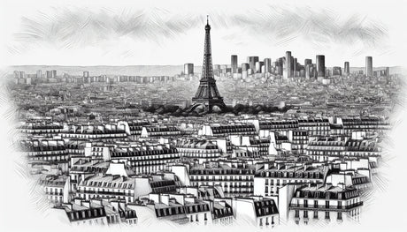 Black and white Paris wall mural design file showing detailed architectural sketch pattern