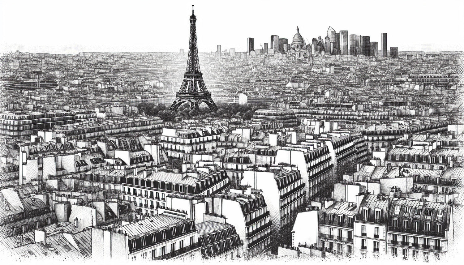 Paris cityscape wallpaper design file showing detailed Eiffel Tower and Haussmann buildings in monochrome