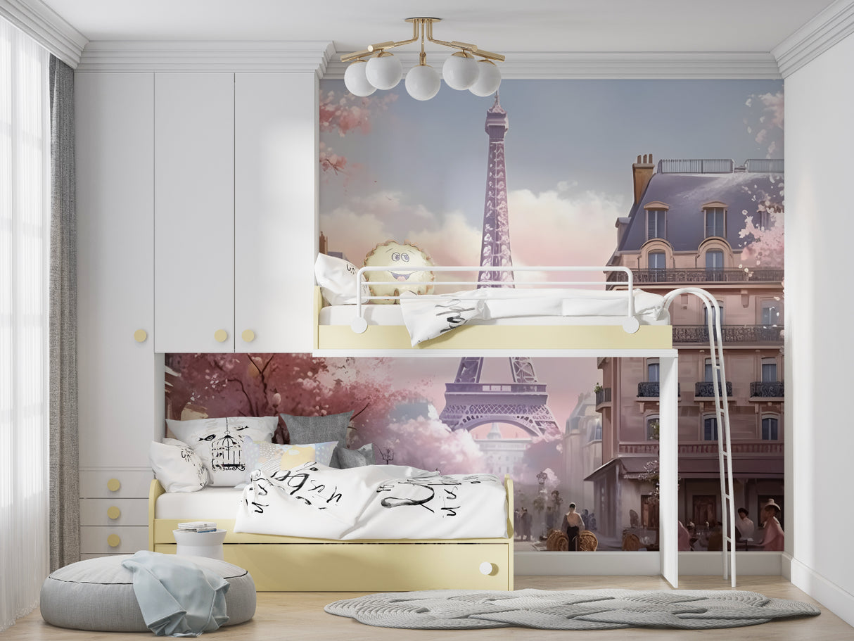 Teen girl bedroom with Paris Eiffel Tower wall mural in soft pink tones