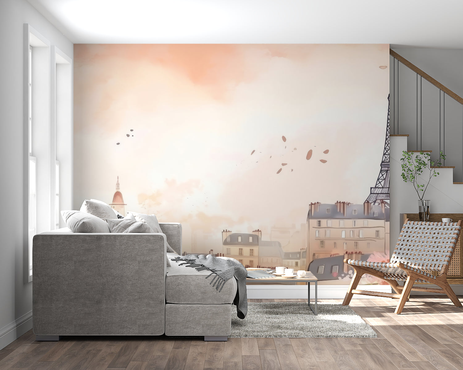 Watercolor Paris mural adding French charm to master bedroom wall