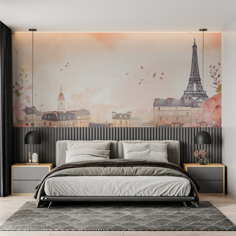 Soft pink Paris mural creating elegant backdrop in reading nook