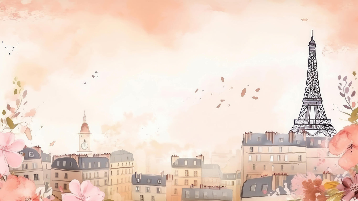 Watercolor Paris cityscape design file showing detailed rooftops and soft pink sky pattern