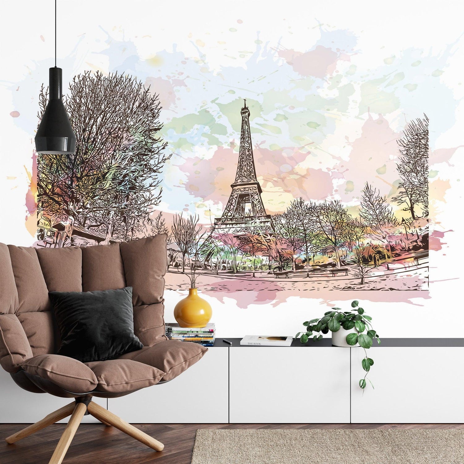 Paris Eiffel Tower wallpaper mural creating an elegant atmosphere in a modern living room with grey sofa