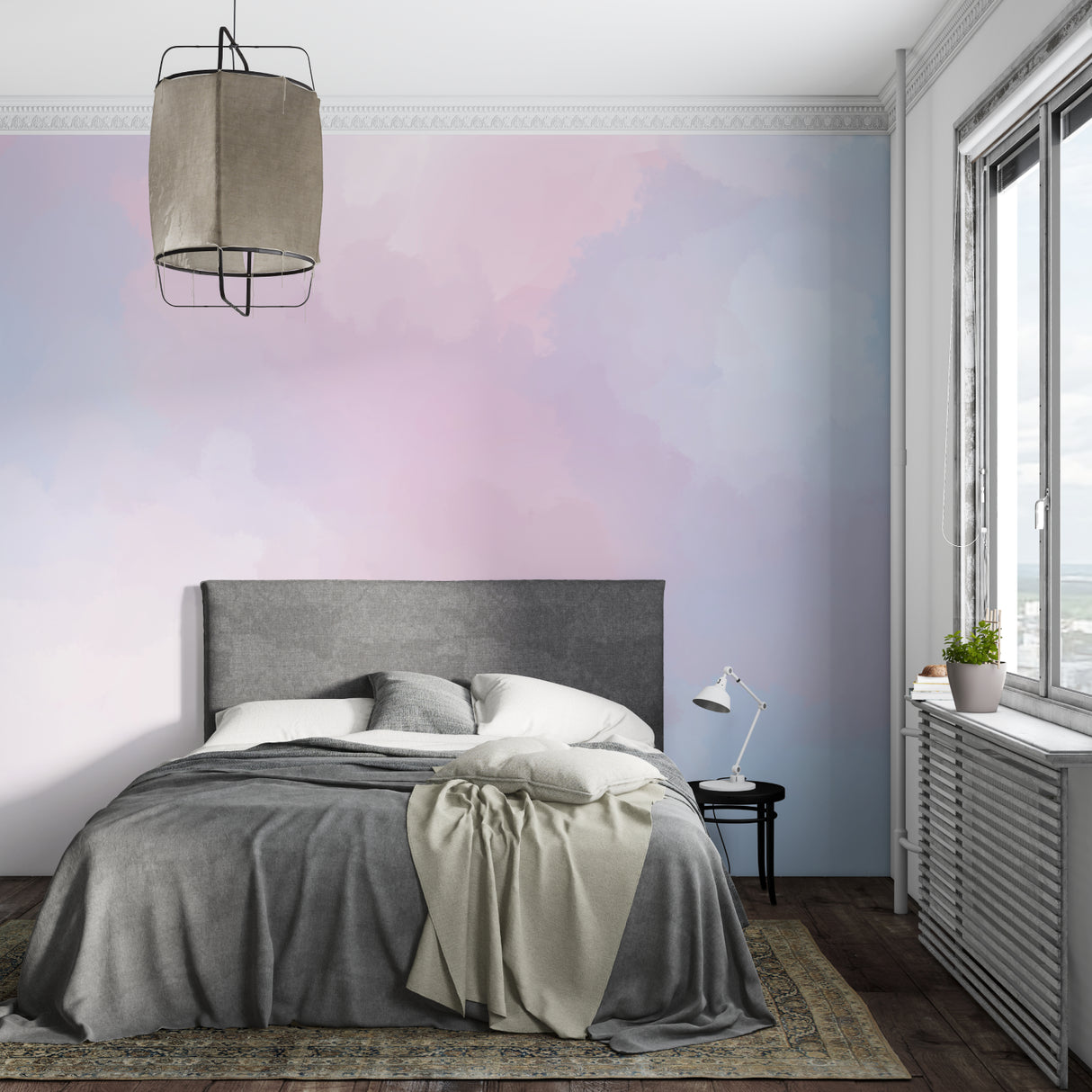 Pastel gradient wallpaper creating a serene atmosphere in a modern living room with minimalist furniture