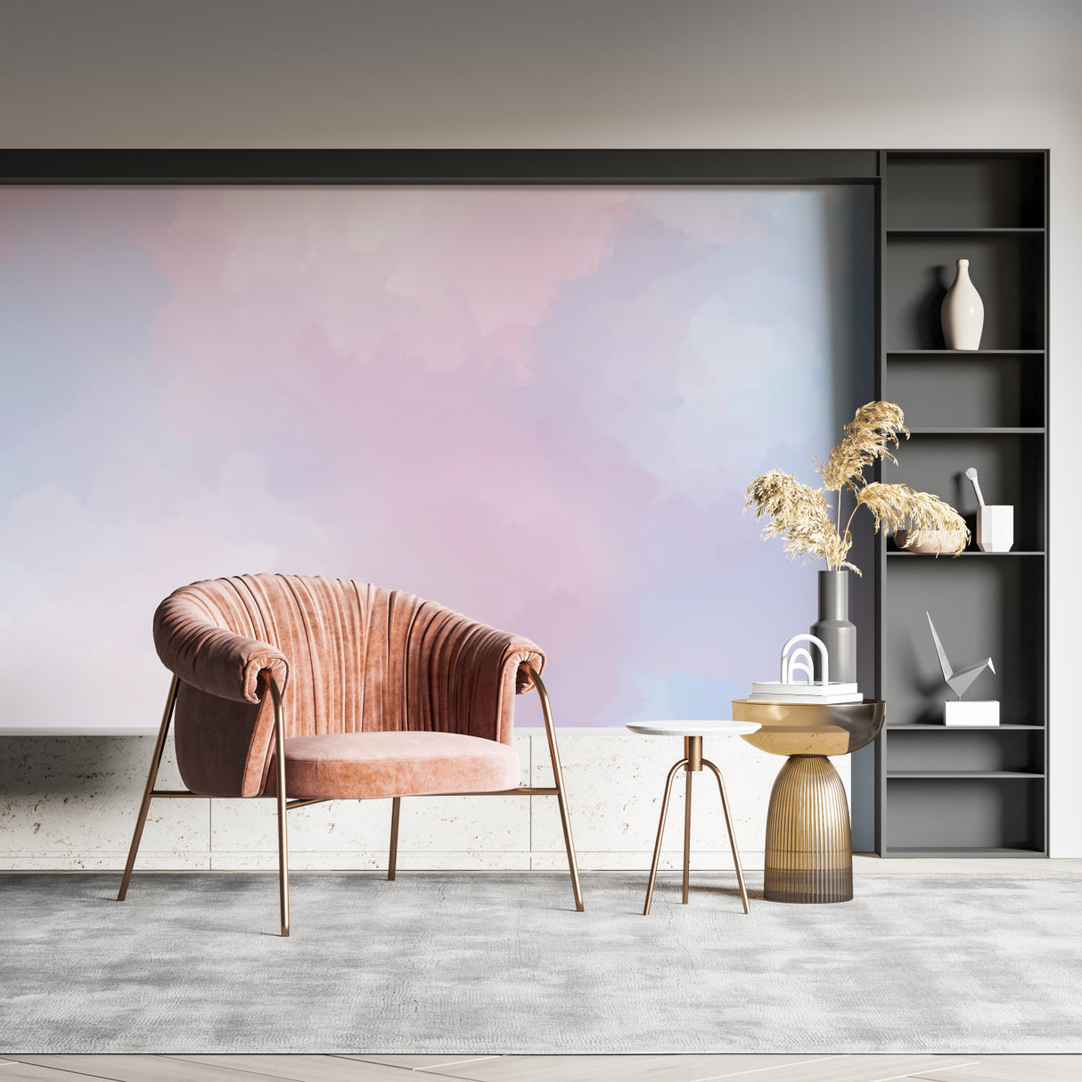 Dreamy pastel wallpaper installation in a bright home office space