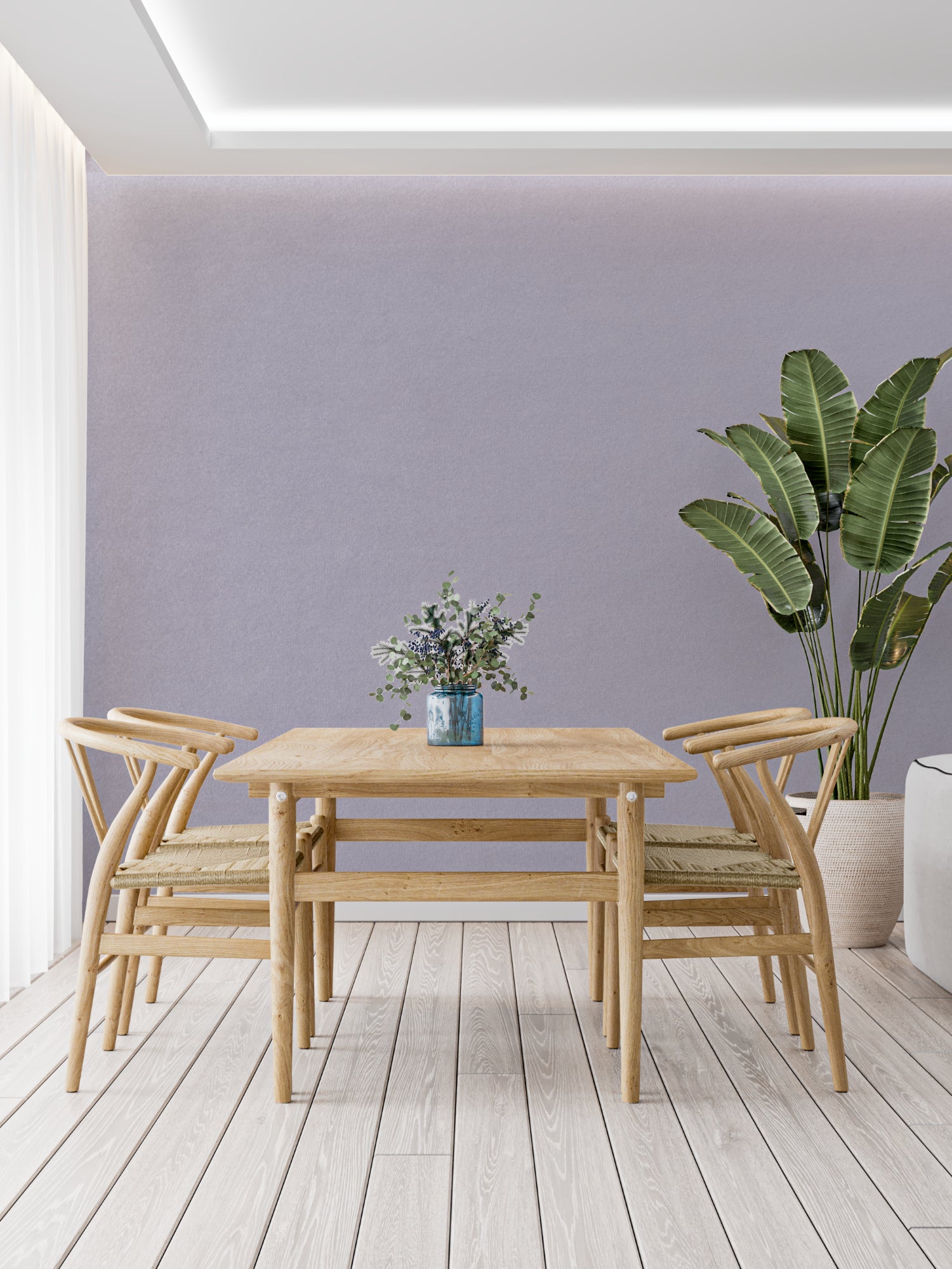 Pastel mauve wallpaper in modern living room showing soft, ambient lighting