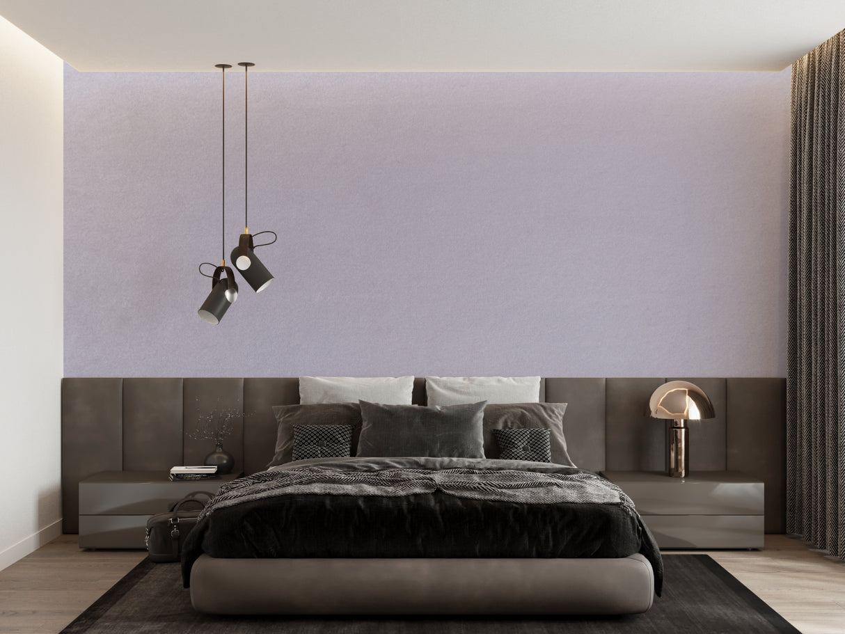 Mauve wall mural creating calm atmosphere in minimal bedroom setup