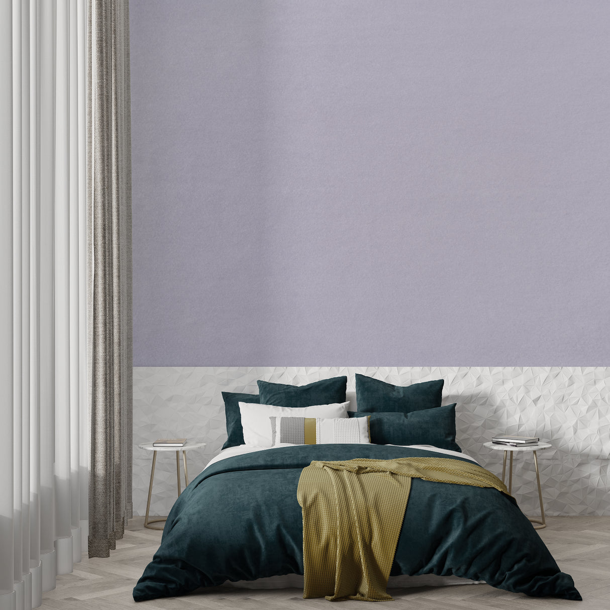 Pastel mauve mural in bright entryway setting