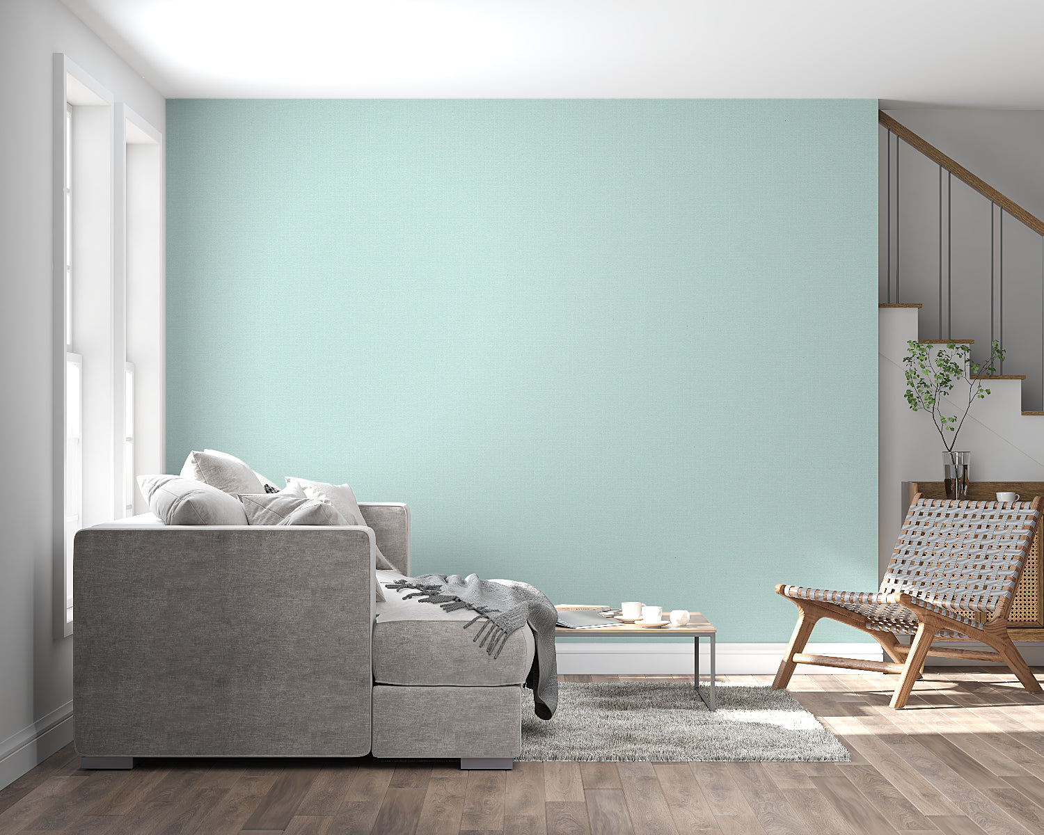 Modern mint green wall mural in dining room with plants