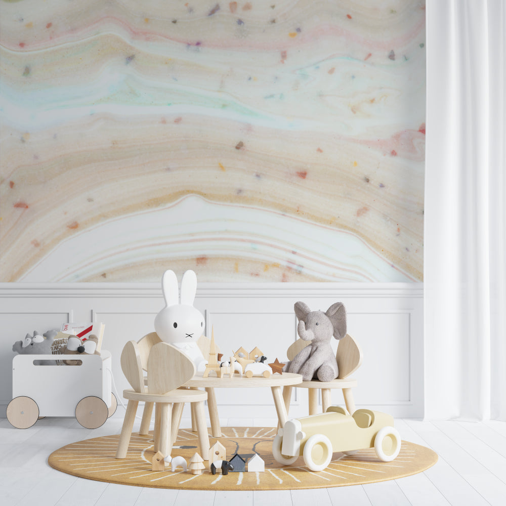 Pastel wave wallpaper creating a peaceful atmosphere in a modern nursery with white furniture