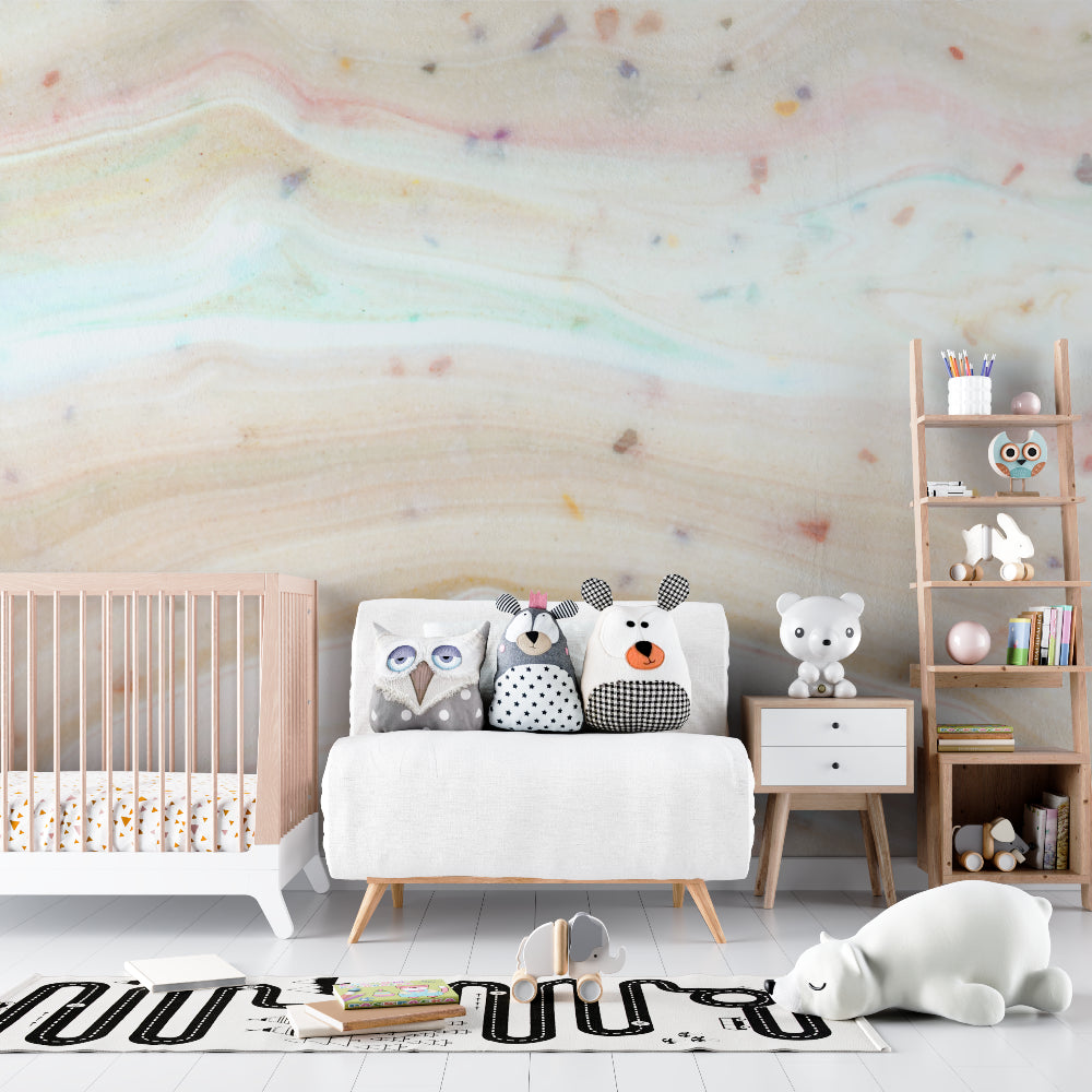 Pastel nursery wall mural bringing gentle movement to a baby's sleep space