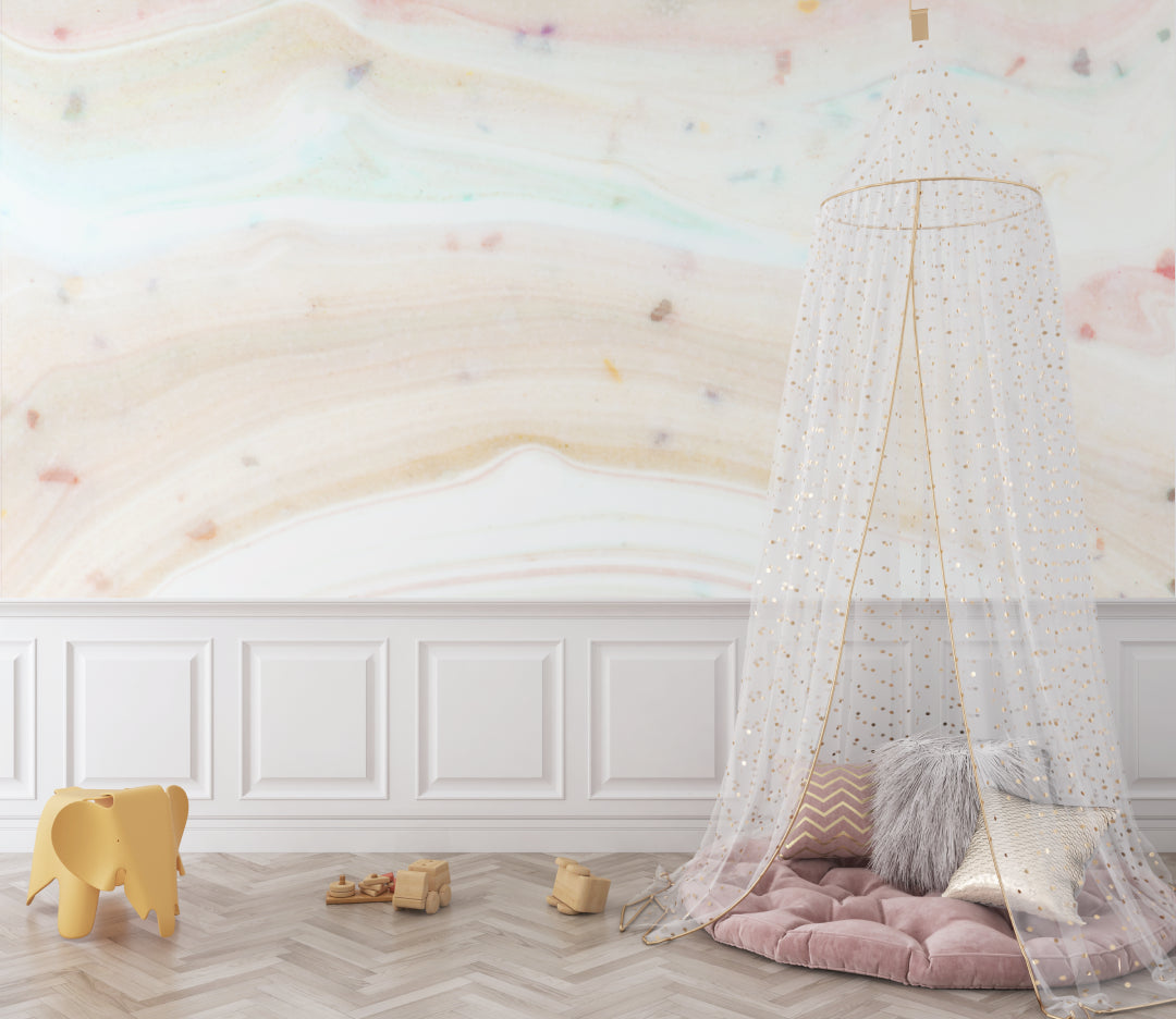 Wave pattern wallpaper showcased in a minimalist children's bedroom