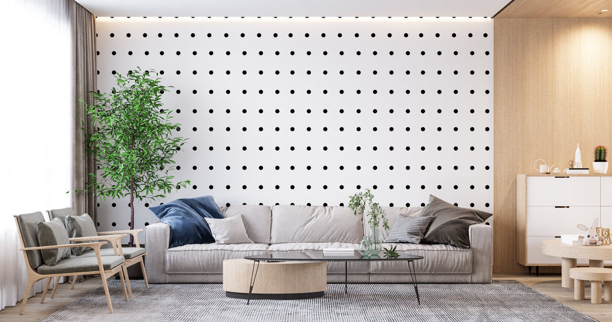 Black and white geometric pattern wallpaper in a minimalist home office space