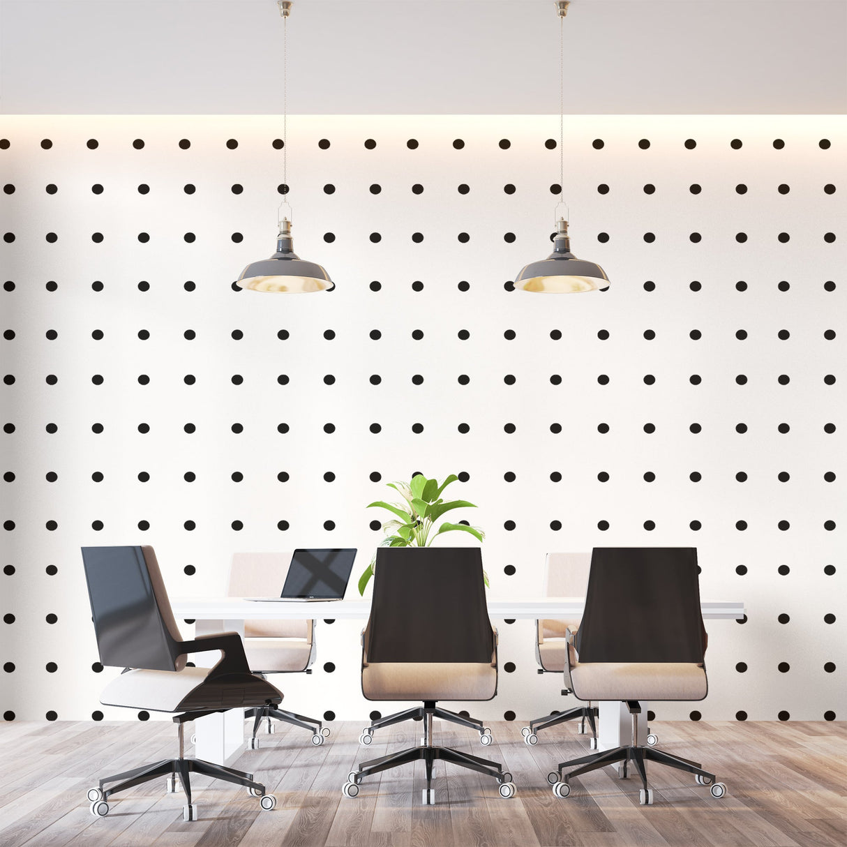 Polka dot pattern wallpaper adding visual interest to a modern bedroom wall
