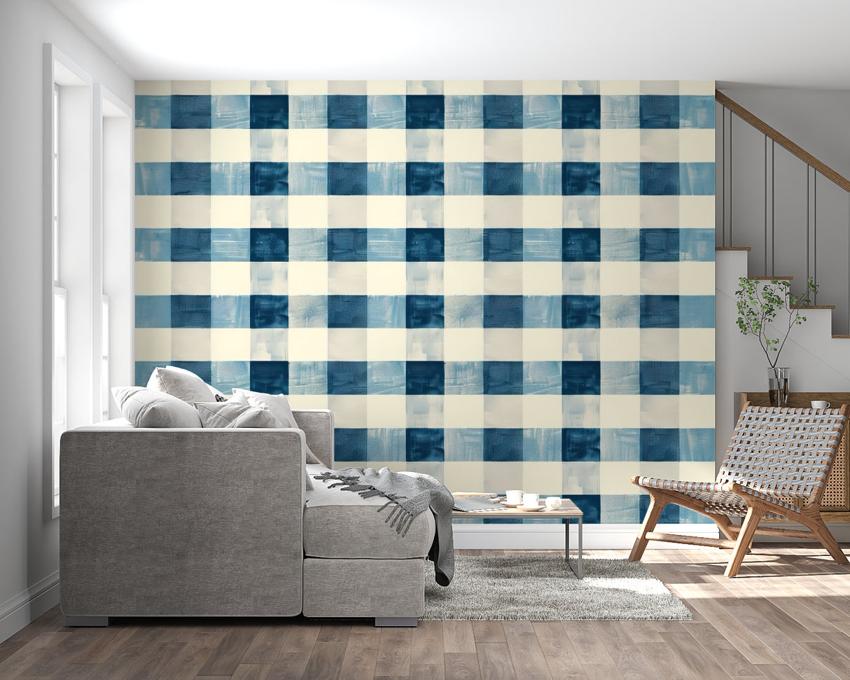 Gingham pattern wallpaper creating cozy atmosphere in dining room setting