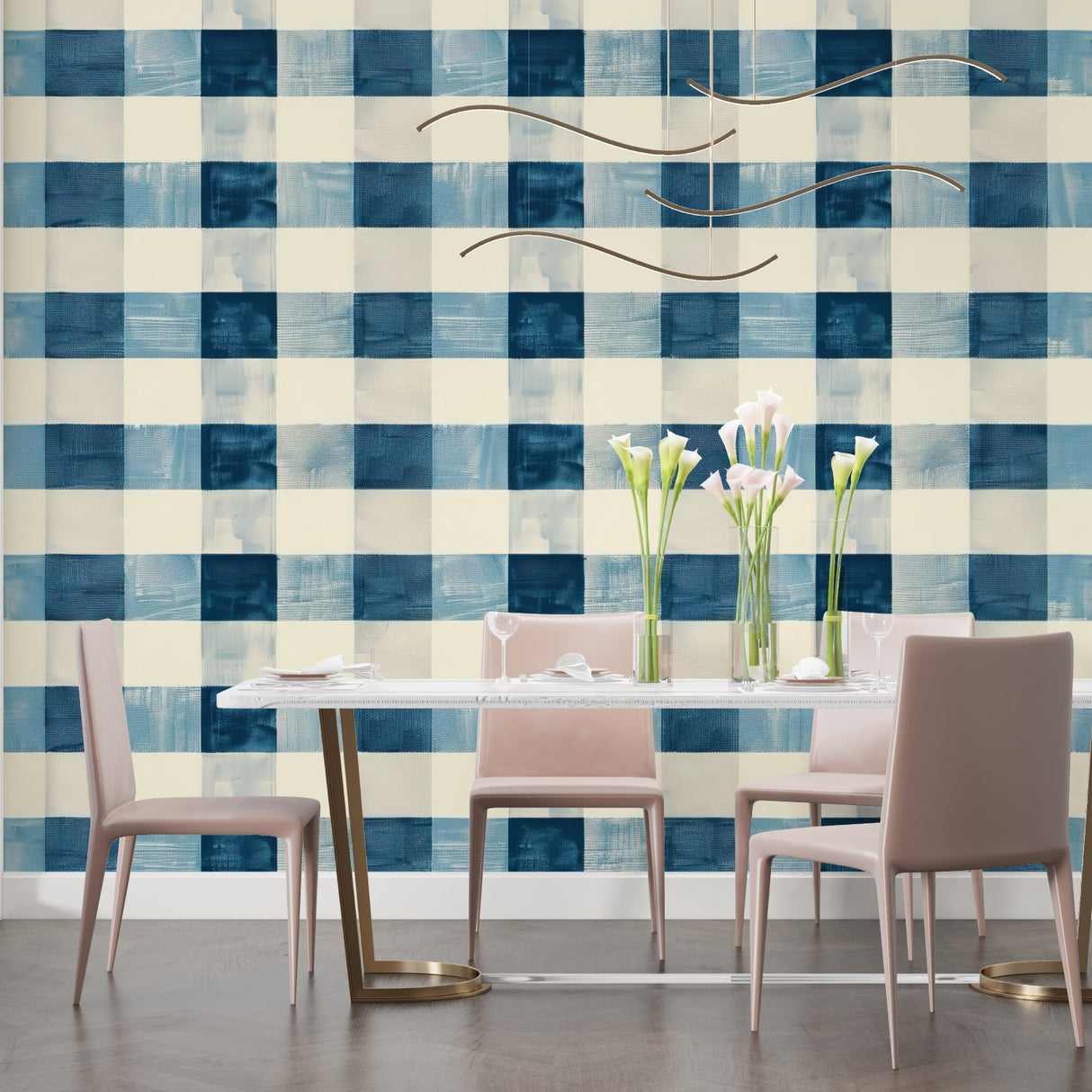 Cream and blue gingham wallpaper styled in modern home office