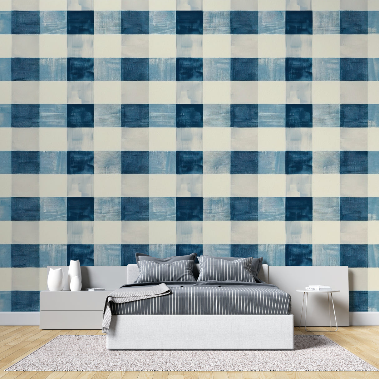Checkered pattern wall mural in nursery with soft furnishings