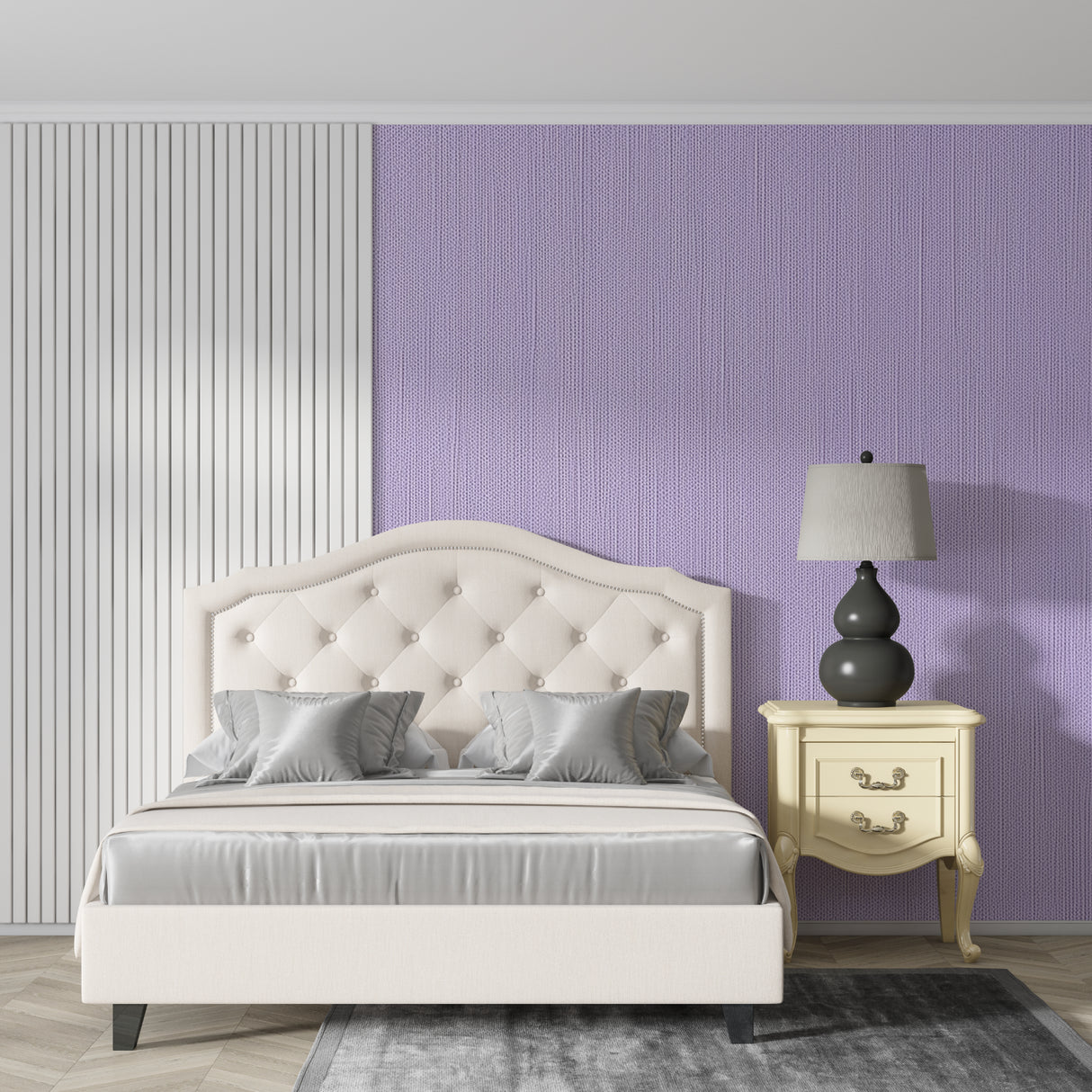 Purple pattern wallpaper showcased in a cozy bedroom setting with soft furnishings