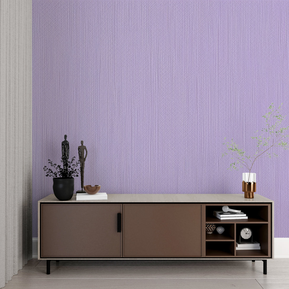 Modern pattern wallpaper in lavender tones adorning a dining room wall