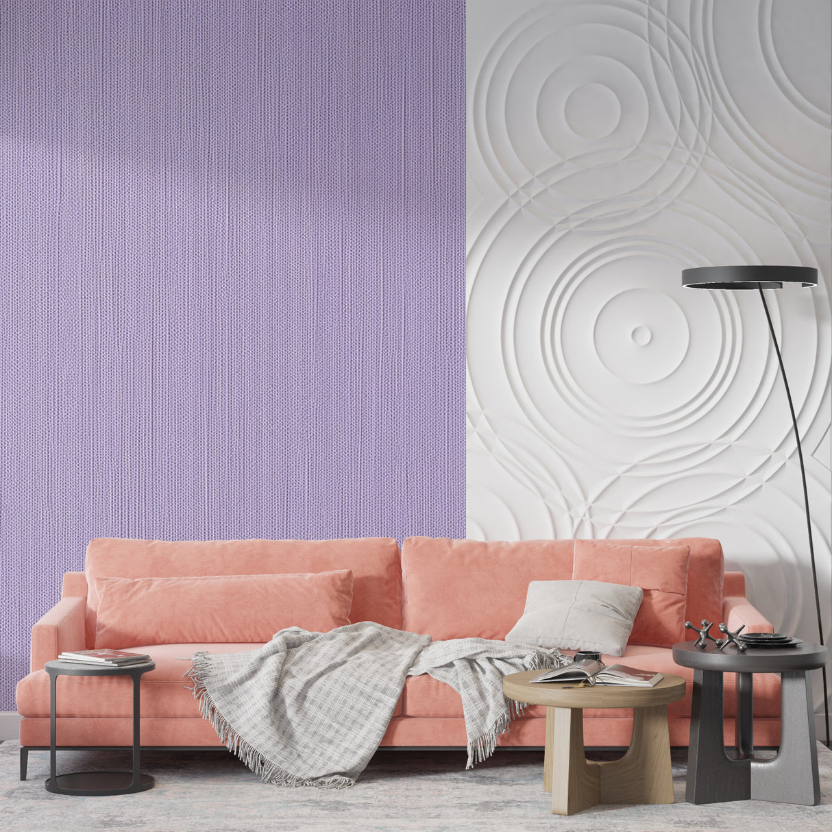 Woven texture wallpaper creating depth in a minimalist hallway