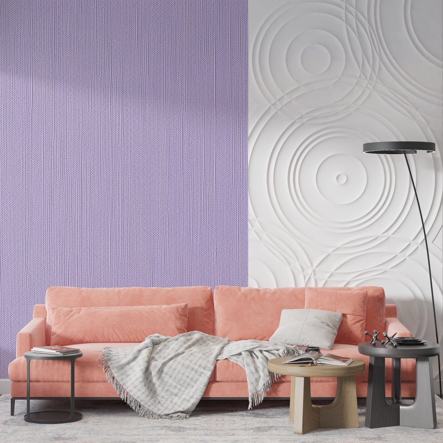 Woven texture wallpaper creating depth in a minimalist hallway