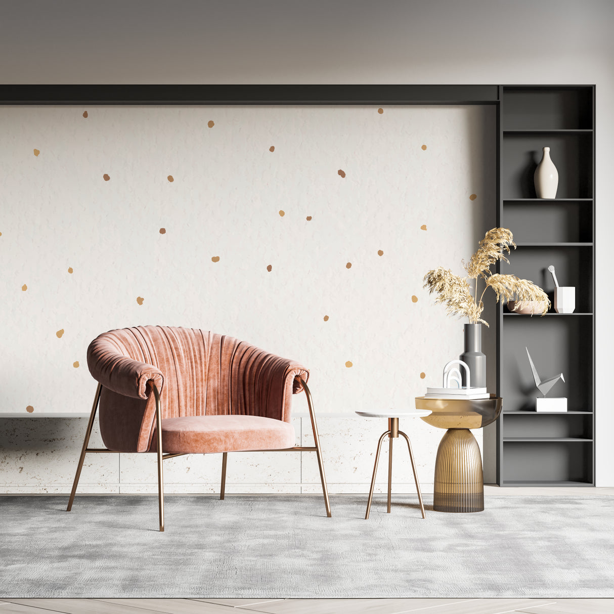 Gold dot wallpaper in bright modern living room, showing pattern sparkle in natural light