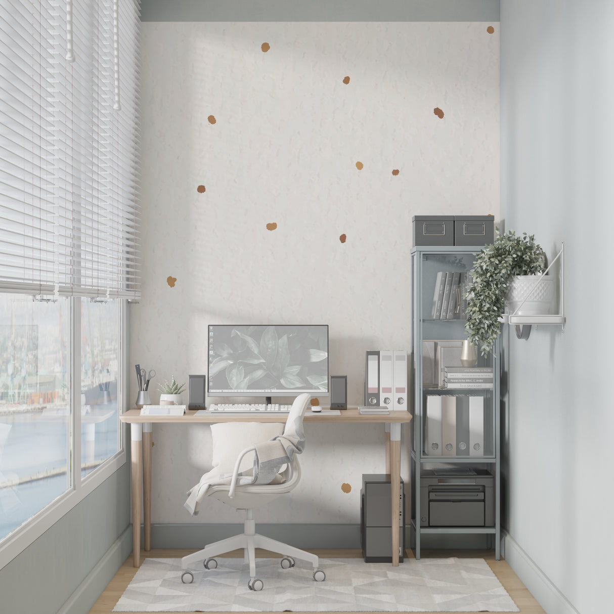 Modern home office featuring metallic dot pattern wallpaper on accent wall