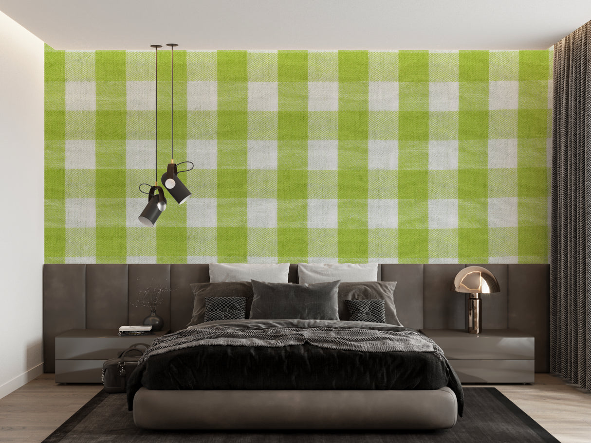 Green gingham check wallpaper in bright modern kitchen with white cabinets