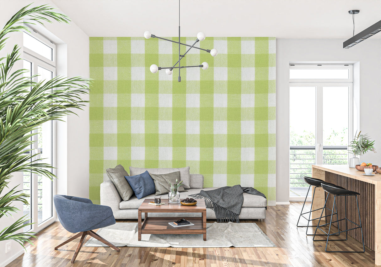 Cheerful dining room featuring green and white checkered wall mural