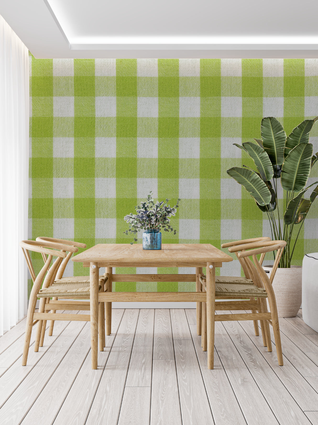 Home office with fresh green gingham pattern wallpaper accent wall