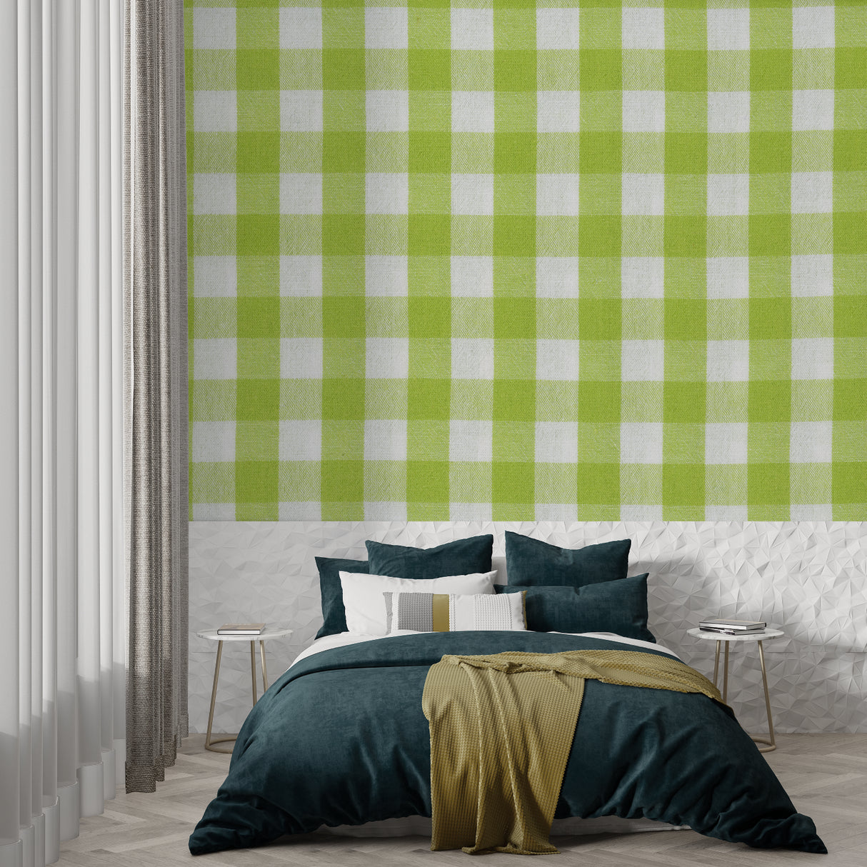 Nursery room with soft green check wallpaper creating playful atmosphere