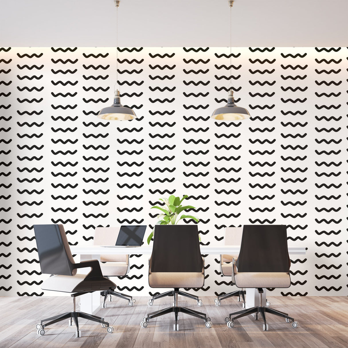 Modern wave pattern wallpaper creating movement in a minimal living room with white sofa and black accents