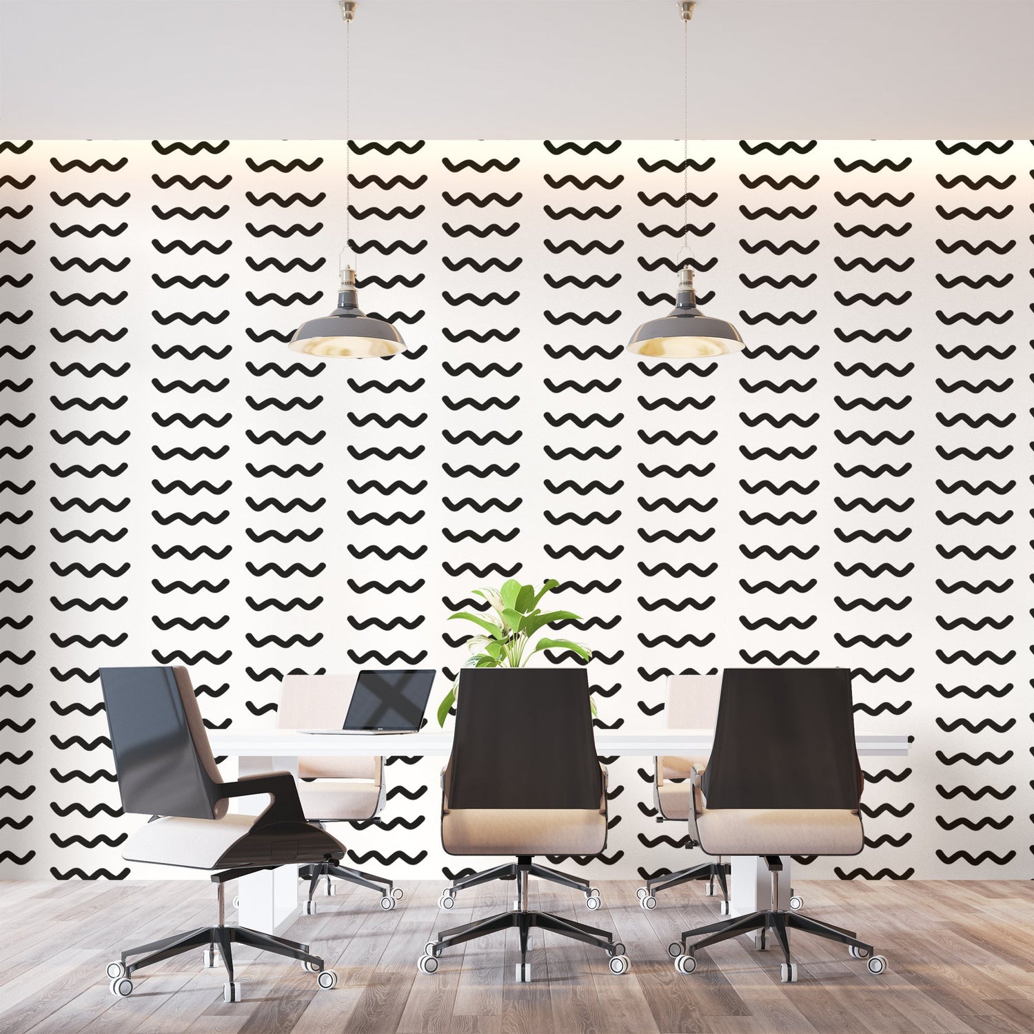 Modern wave pattern wallpaper creating movement in a minimal living room with white sofa and black accents