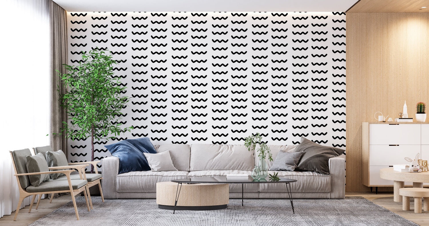 Black and white wave pattern mural displayed in a modern home office with clean lines