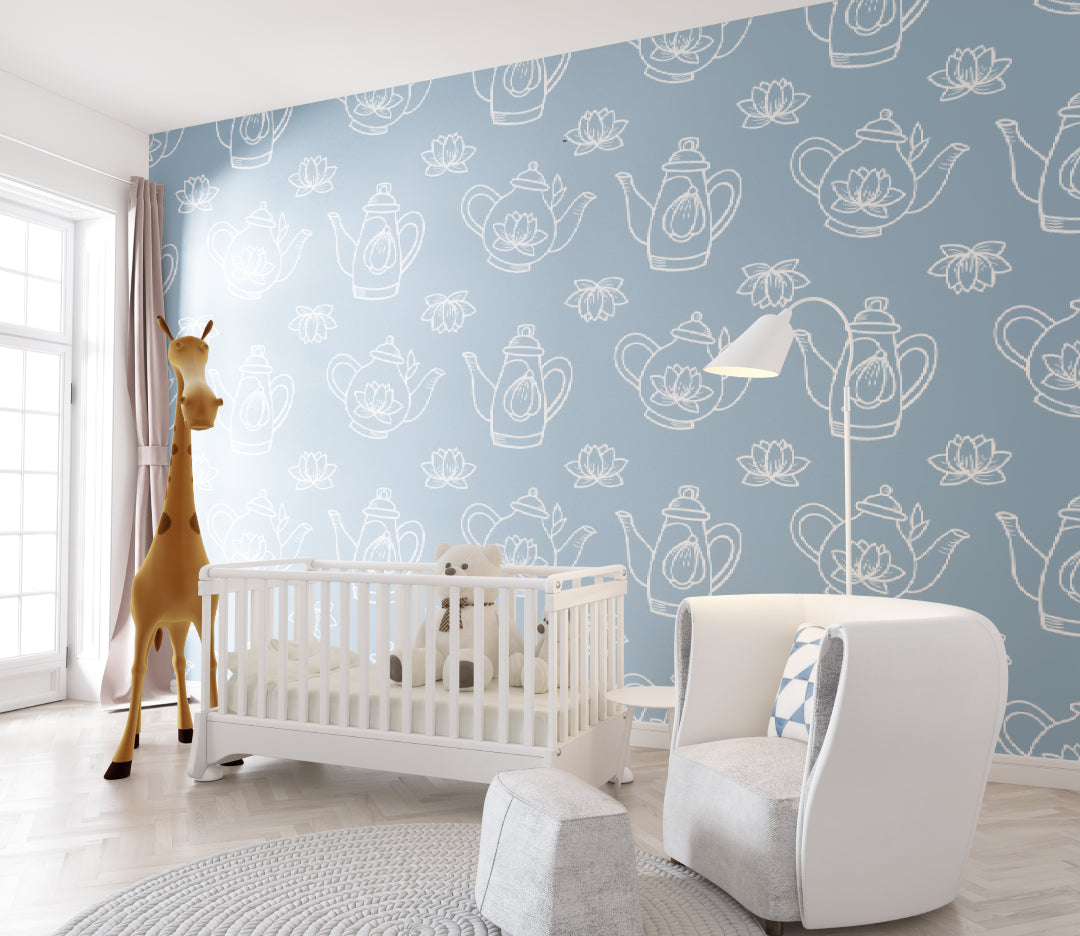 Blue line art wallpaper with teapots and lotus in modern home office showing clean minimalist style