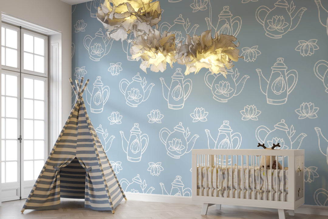 Teapot line art wallpaper creating calm atmosphere in meditation room